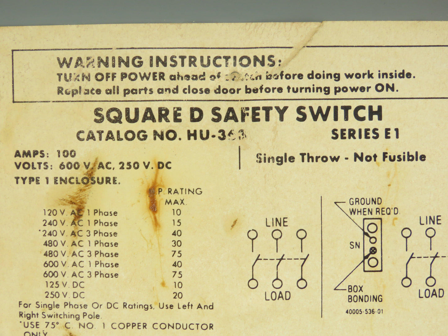 Square D HU363 Safety Disconnect Switch 100A 600V Non Fused 3 Pole Series F05