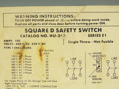 Square D HU363 Safety Disconnect Switch 100A 600V Non Fused 3 Pole Series F05