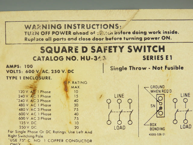 Square D HU363 Safety Disconnect Switch 100A 600V Non Fused 3 Pole Series F05