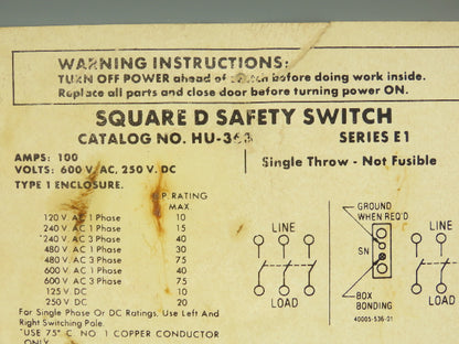 Square D HU363 Safety Disconnect Switch 100A 600V Non Fused 3 Pole Series F05
