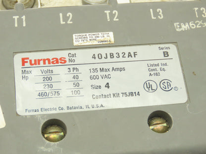 Furnas 40JB32AF NEMA 4 Motor Starter Contactor 135A 600VAC 3PH 100Hp 120V Coil