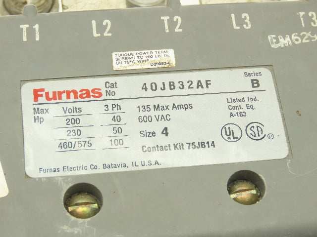 Furnas 40JB32AF NEMA 4 Motor Starter Contactor 135A 600VAC 3PH 100Hp 120V Coil
