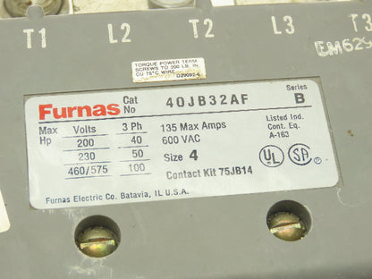 Furnas 40JB32AF NEMA 4 Motor Starter Contactor 135A 600VAC 3PH 100Hp 120V Coil