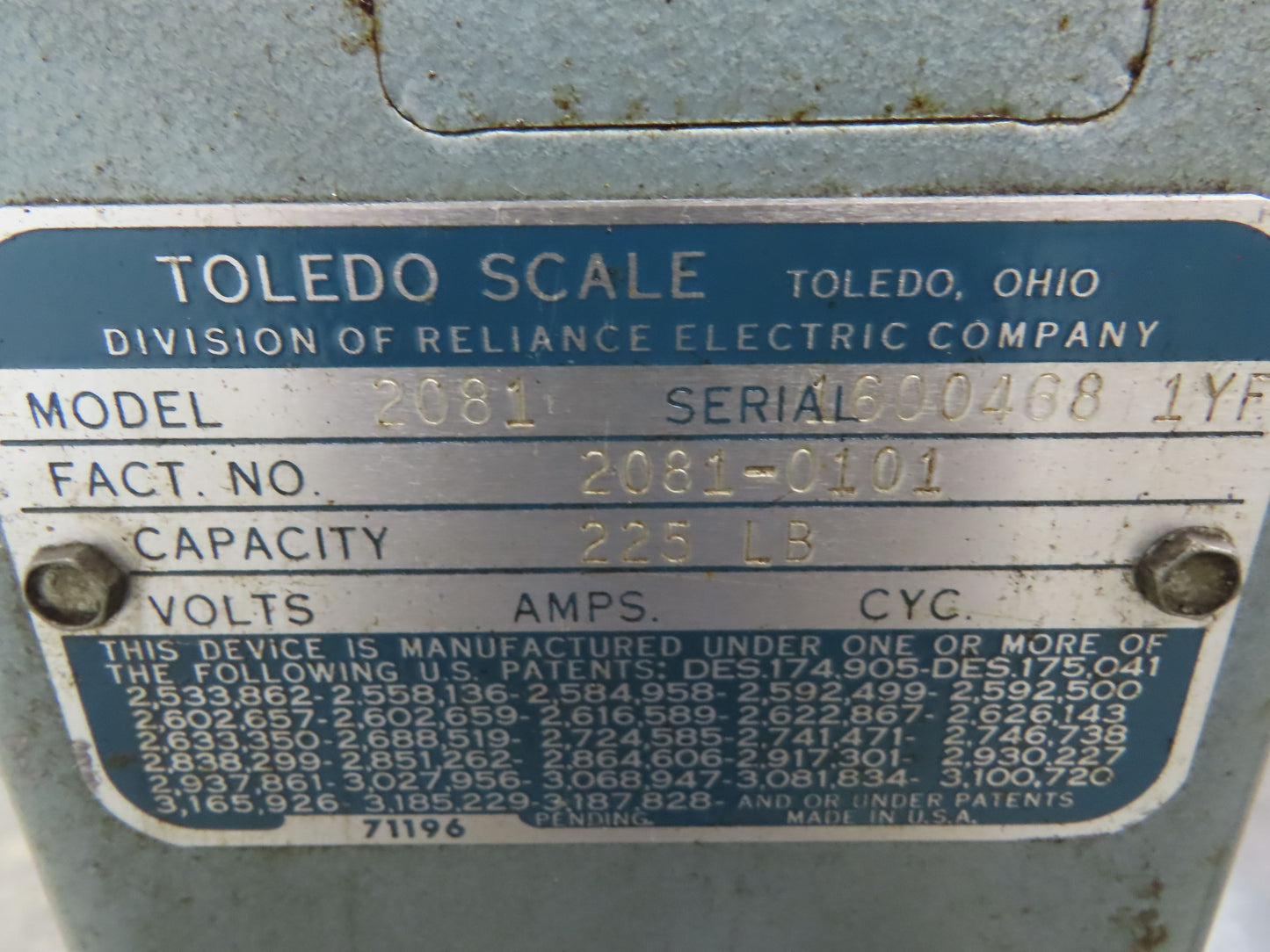 Toledo 2081 Vintage Platform Scale 225 lbs Honest Weight Model 2081