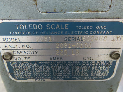 Toledo 2081 Vintage Platform Scale 225 lbs Honest Weight Model 2081