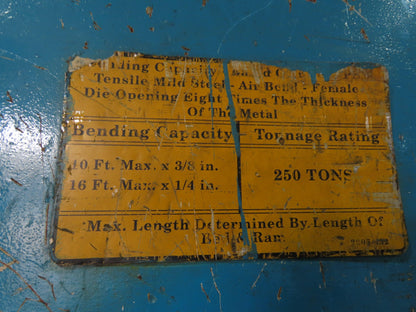 Wysong MTH250-120 Hydraulic Press Brake 10' x 3/8" 250 Ton 20Hp