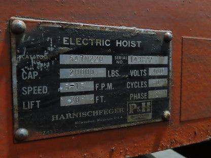 Cleveland Tramrail P&H 10 Ton Double Girder Underhung Bridge Crane Hoist 2-Speed