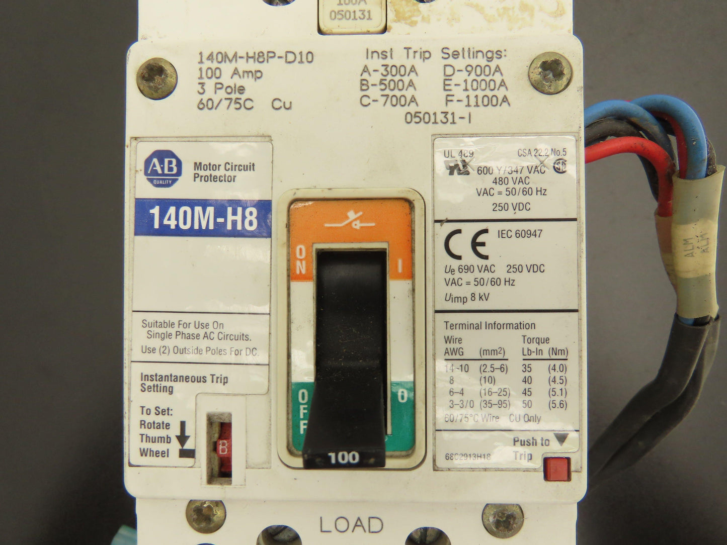 Allen Bradley 140MH8PD10MTXT Rail Mount Motor Circuit Breaker 100A 600V 3 Pole