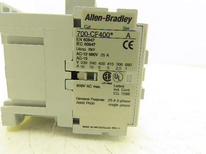 Allen Bradley 700-CF400KD Control Relay 110v 60Hz Coil 600vAC 25A 3Ph 4NO Ser A