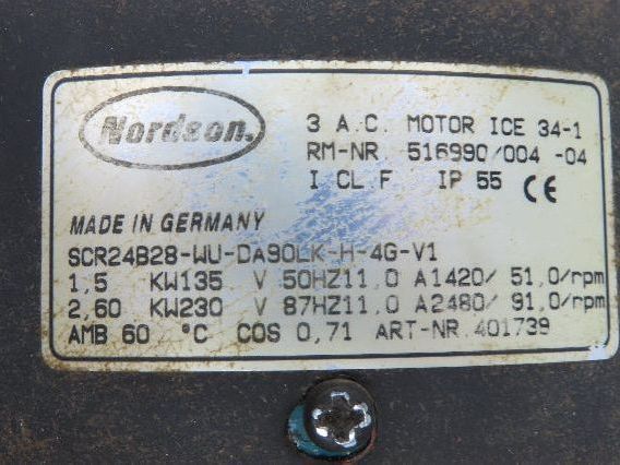 Nordson SCR24B28-WU-DA90LK-H-4G-V1 Inline Gearmotor 91rpm 2.6Kw 230V 3PH IEC 90L