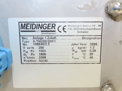 Meidinger AT68 Centrifugal Fan Blower 3x4" In/Out WEG 0.63kw 460V 3Ph 11" Blade