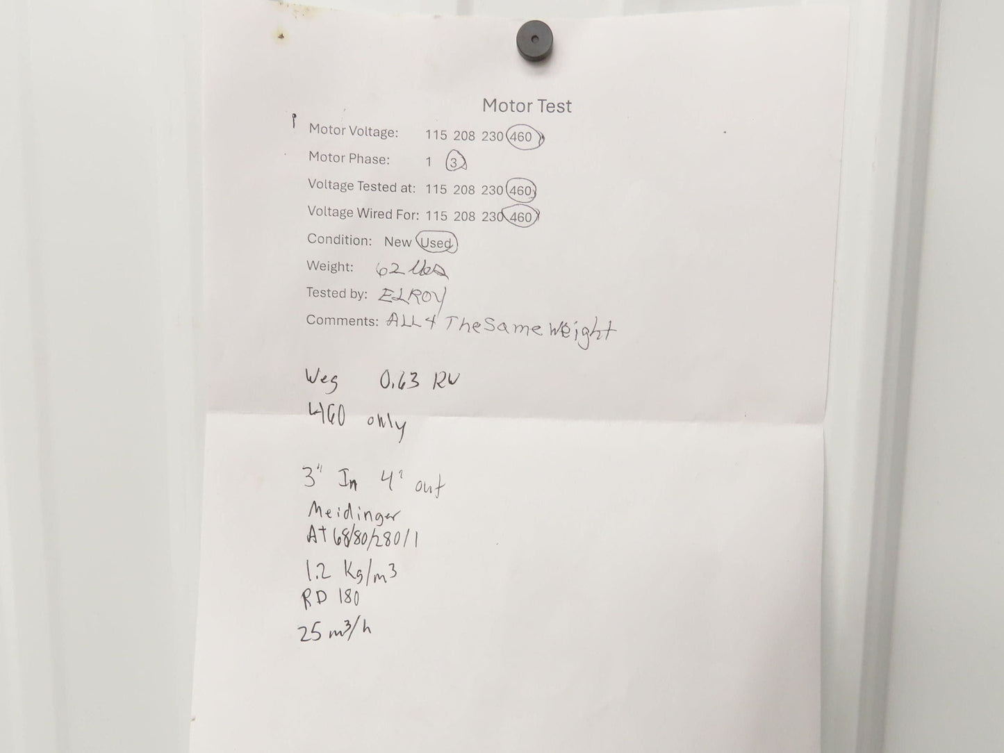 Meidinger AT68 Centrifugal Fan Blower 3x4" In/Out WEG 0.63kw 460V 3Ph 11" Blade