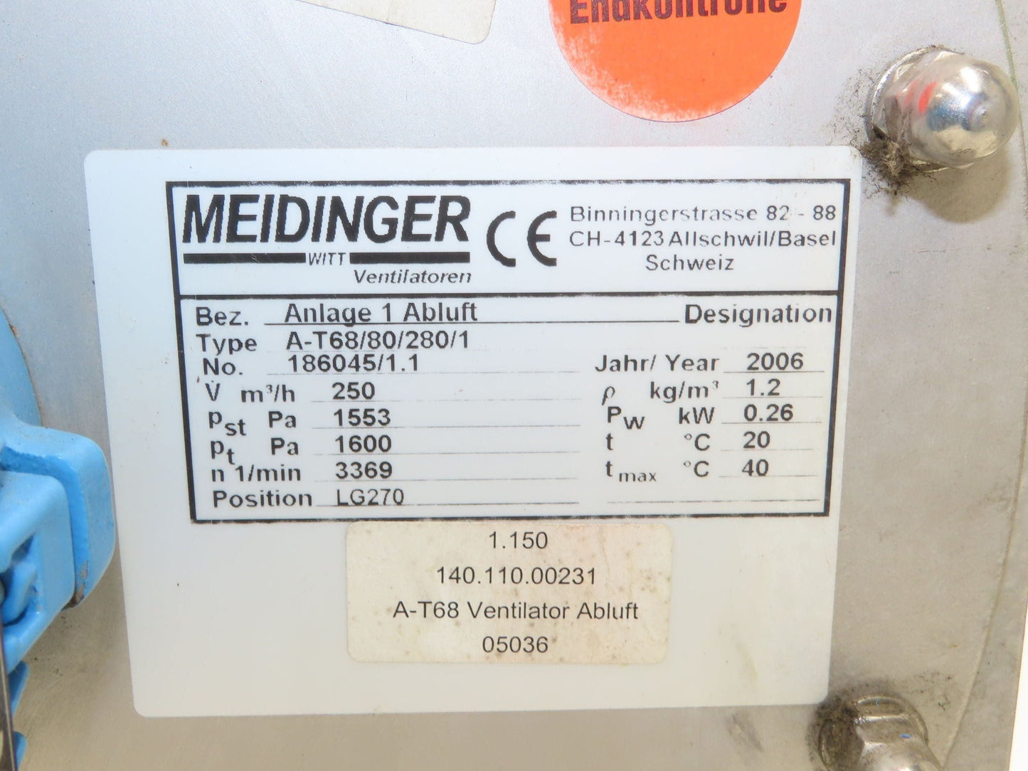 Meidinger AT68 Centrifugal Fan Blower 3x4" In/Out WEG 0.63kw 460V 3Ph 11" Blade