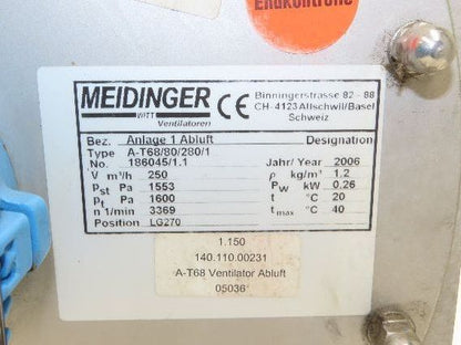 Meidinger AT68 Centrifugal Fan Blower 3x4" In/Out WEG 0.63kw 460V 3Ph 11" Blade