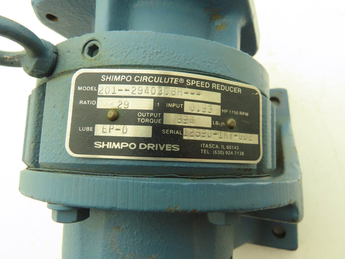 Shimpo Circulute 201-294030BH Inline Gearbox 29:1 Reducer 0.9Hp 60 RPM 894 In-Lb