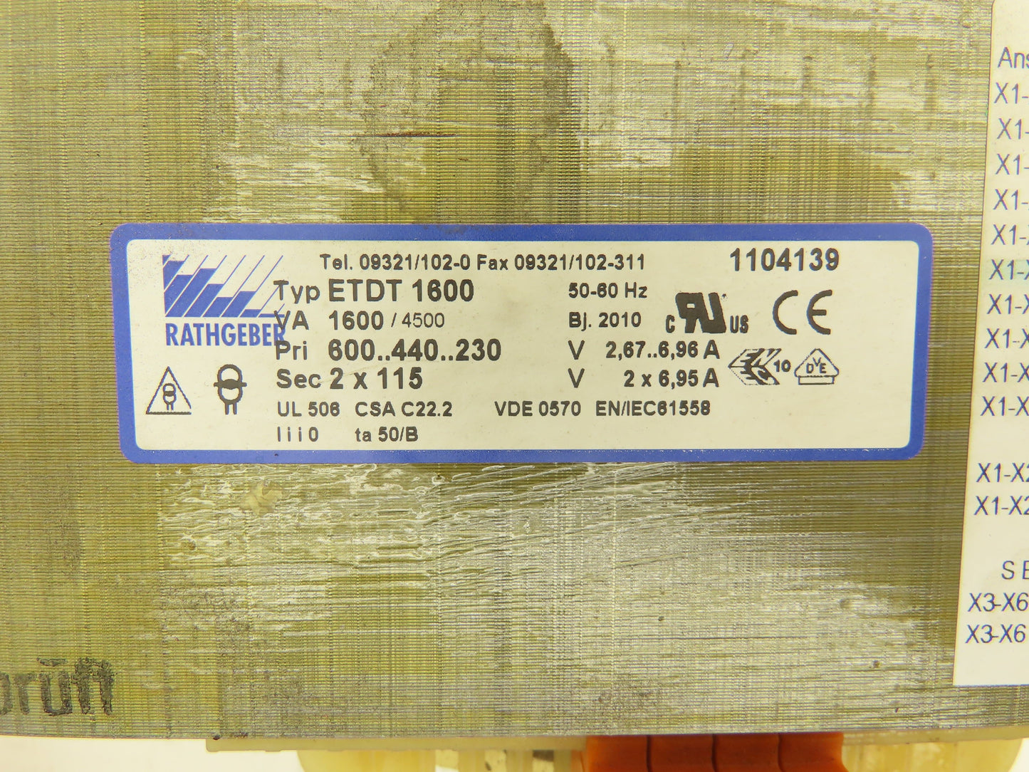 Rathgeber ETDT 1600 Transformer 1.6kVA 600-400, 240/230v Pri 2x115v Sec