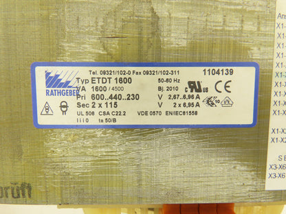 Rathgeber ETDT 1600 Transformer 1.6kVA 600-400, 240/230v Pri 2x115v Sec