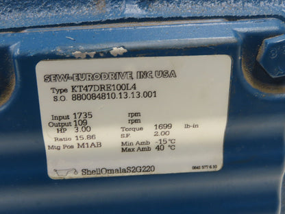 Sew Eurodrive KT47DRE100L4 Gearmotor 15.86 Reducer 109rpm 3Hp 460V Hollow Shaft