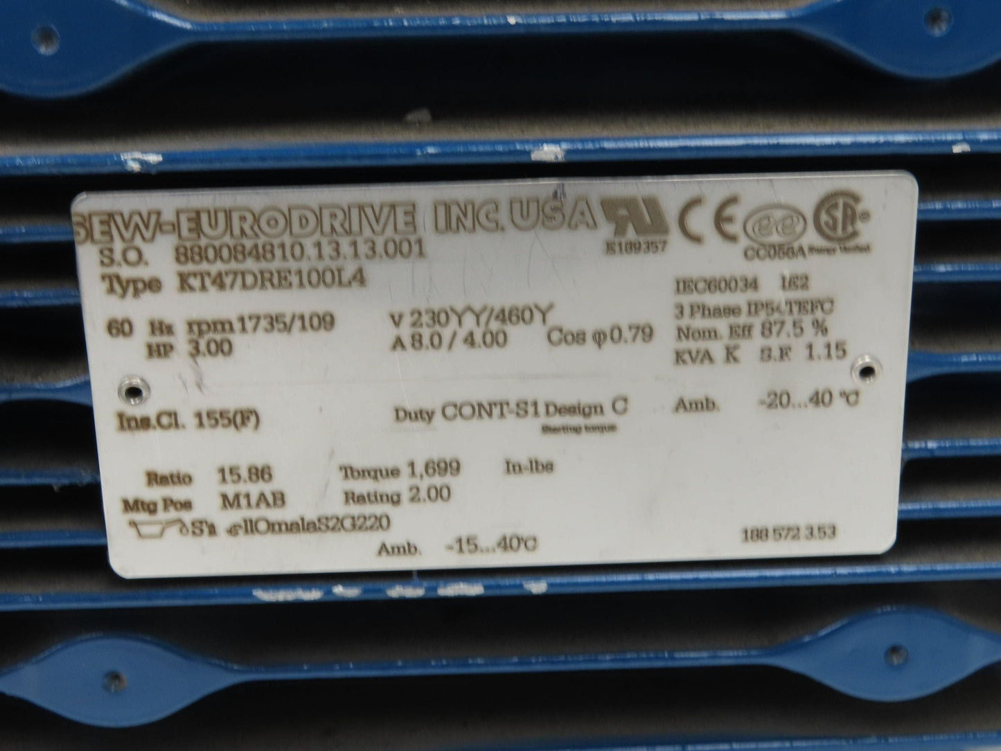 Sew Eurodrive KT47DRE100L4 Gearmotor 15.86 Reducer 109rpm 3Hp 460V Hollow Shaft