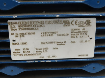 Sew Eurodrive KT47DRE100L4 Gearmotor 15.86 Reducer 109rpm 3Hp 460V Hollow Shaft