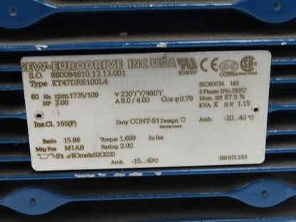 Sew Eurodrive KT47DRE100L4 Gearmotor 15.86 Reducer 109rpm 3Hp 460V Hollow Shaft