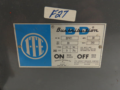 ITE BP 421 Bus Plug 30A 240V 4-Pole 3-Fuse 3Hp Standard 7-1/2Hp Max