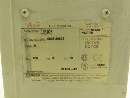 ABB C484G5 Capacitor 5kVAR 480vAC 3Ph 60Hz NEMA 1 Enclosure Dry Type