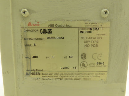 ABB C484G5 Capacitor 5kVAR 480vAC 3Ph 60Hz NEMA 1 Enclosure Dry Type