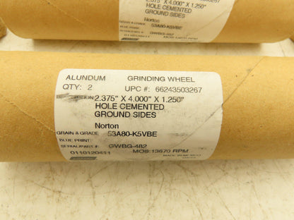 Norton GWBG-482 Grinding Wheel 13670rpm 2.375x4x1.25" Alundum Lot of 18