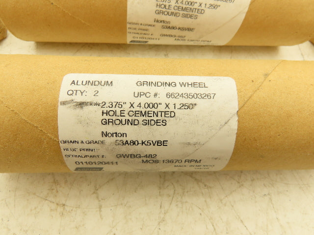 Norton GWBG-482 Grinding Wheel 13670rpm 2.375x4x1.25" Alundum Lot of 18