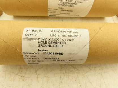 Norton GWBG-482 Grinding Wheel 13670rpm 2.375x4x1.25" Alundum Lot of 18