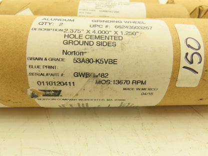 Norton GWBG-482 Grinding Wheel 13670rpm 2.375x4x1.25" Alundum Lot of 18