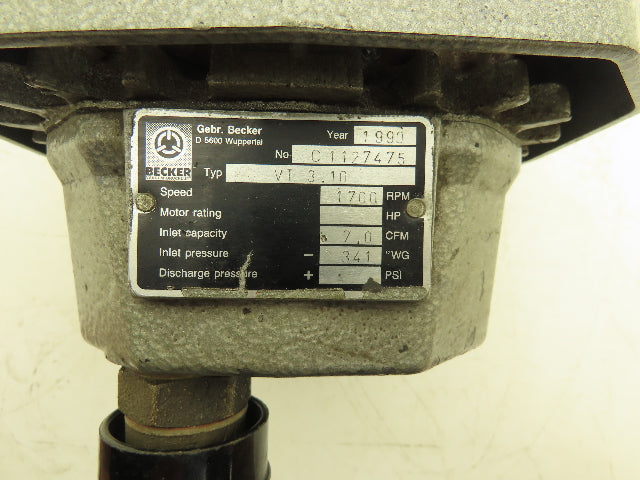 Becker VT 3.10 Vacuum Pump 1700rpm 7cfm 341" H2O 3Ph 460v Oil-less