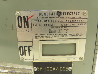 General Electric QMR261 Fusible Disconnect 30A 600vAC 3 Pole 10Hp Max 3Hp Std