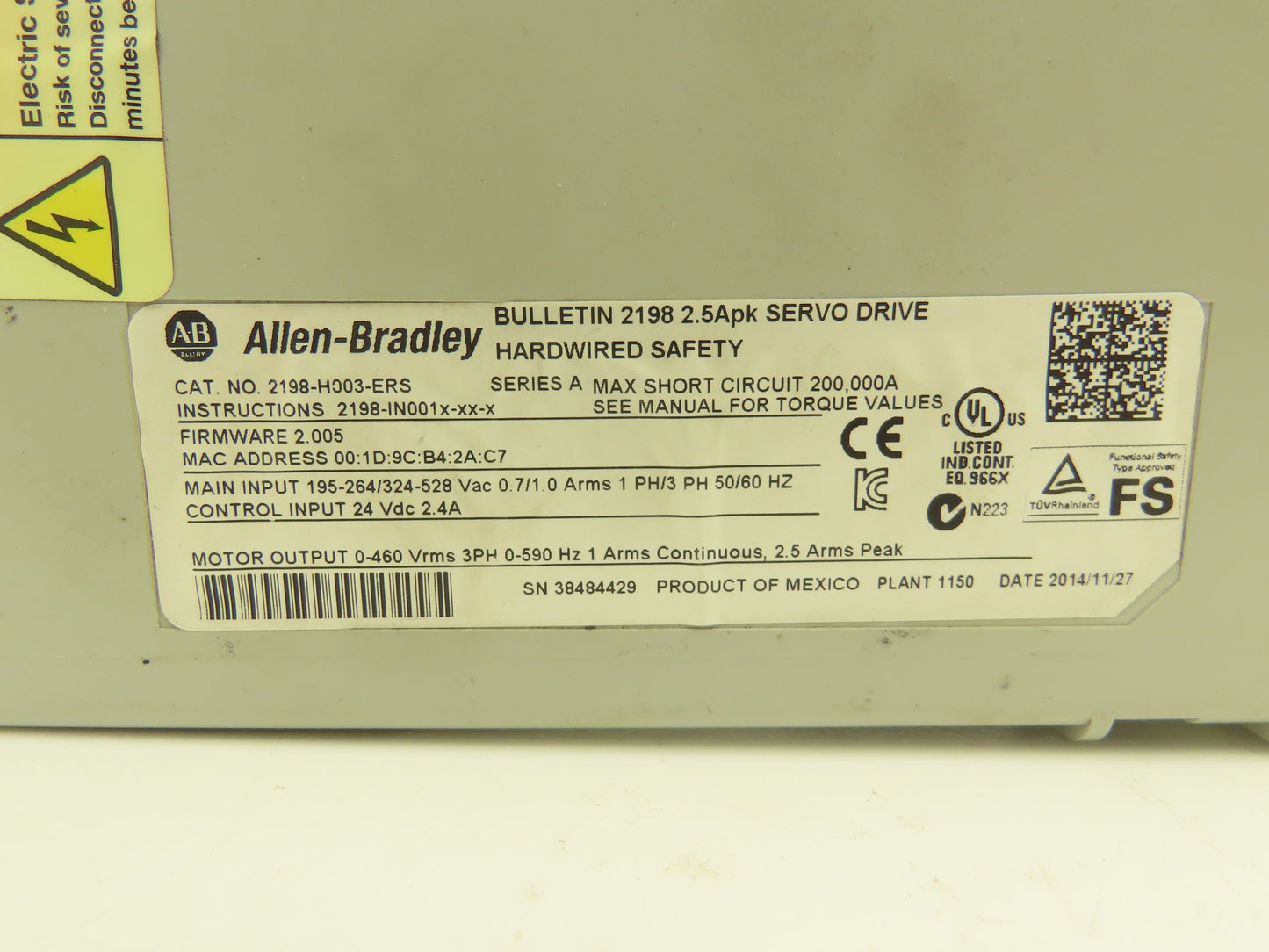 Allen Bradley 2198-H003-ERS Kinetix 5500 Servo Drive 1/3Ph In 460v 3Ph 590Hz Out