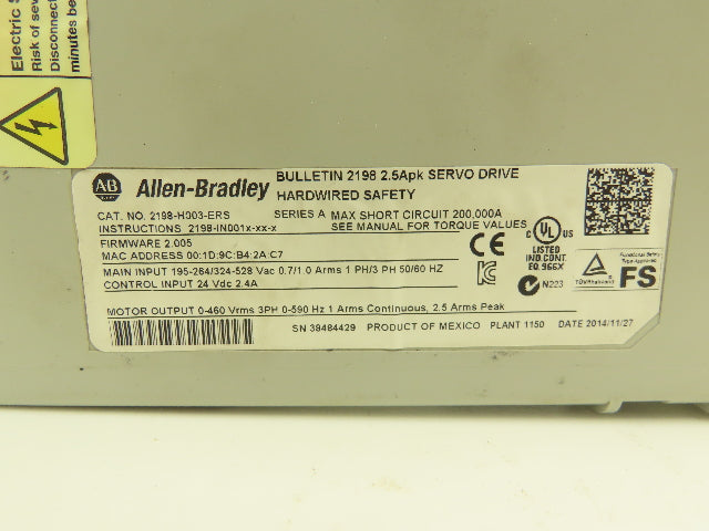 Allen Bradley 2198-H003-ERS Kinetix 5500 Servo Drive 1/3Ph In 460v 3Ph 590Hz Out