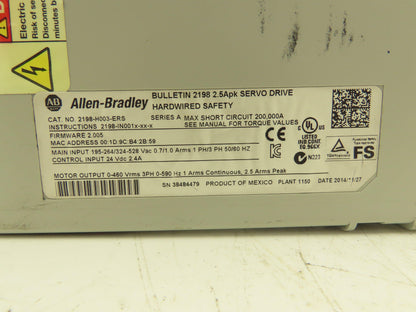 Allen Bradley 2198-H003-ERS Kinetix 5500 Servo Drive 1/3Ph In 460v 590Hz *PARTS