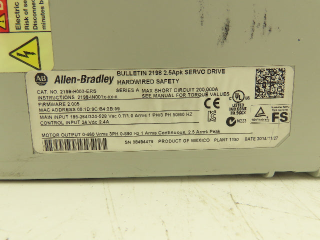 Allen Bradley 2198-H003-ERS Kinetix 5500 Servo Drive 1/3Ph In 460v 590Hz *PARTS
