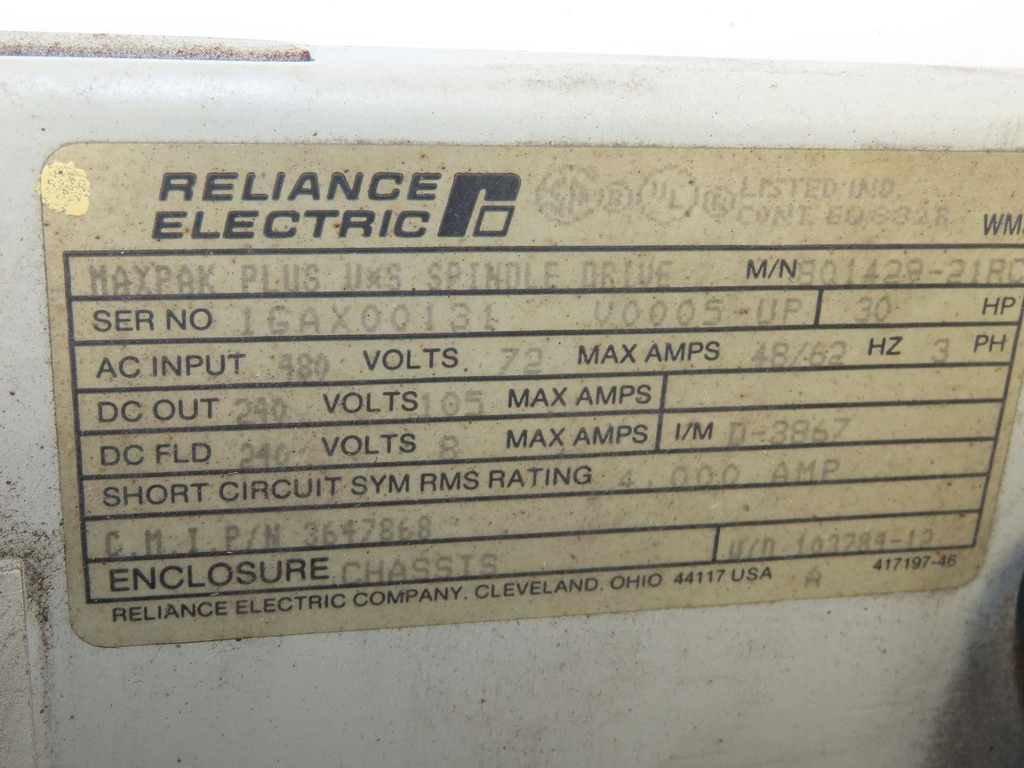 Reliance Electric 801429-21RC MaxPak Plus DC Drive 3Ph 480v In 240vDC 105A 30Hp