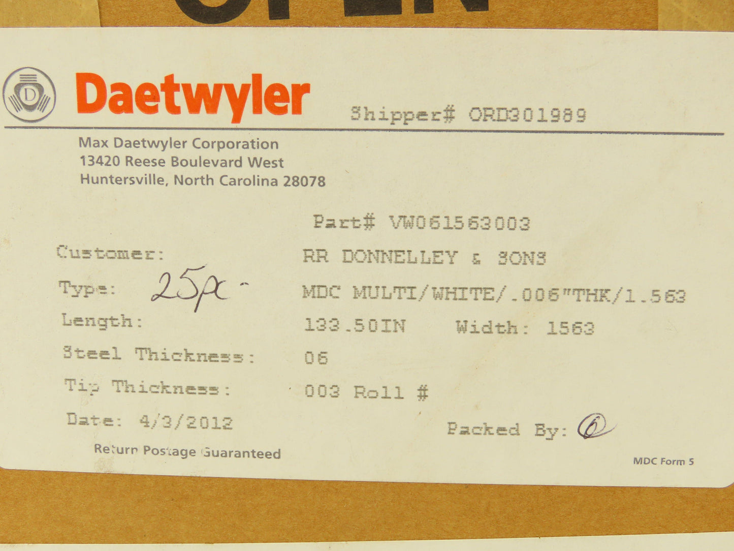 Daetwyler MDCDB Doctor Blade .006" x 1.563"W x 133.5"L Carbon Steel Bevel Tip