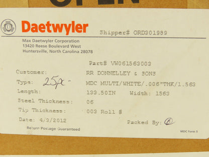 Daetwyler MDCDB Doctor Blade .006" x 1.563"W x 133.5"L Carbon Steel Bevel Tip