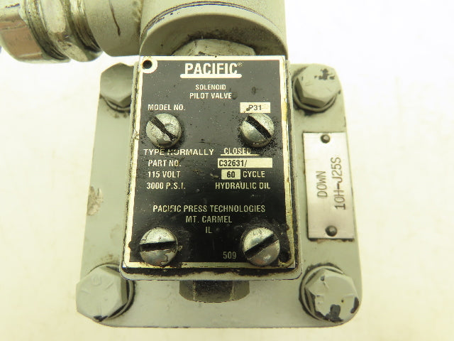 Pacific 10H-J25S Hydraulic Press Brake Down Valve 3000 PSI P31 Solenoid 115V
