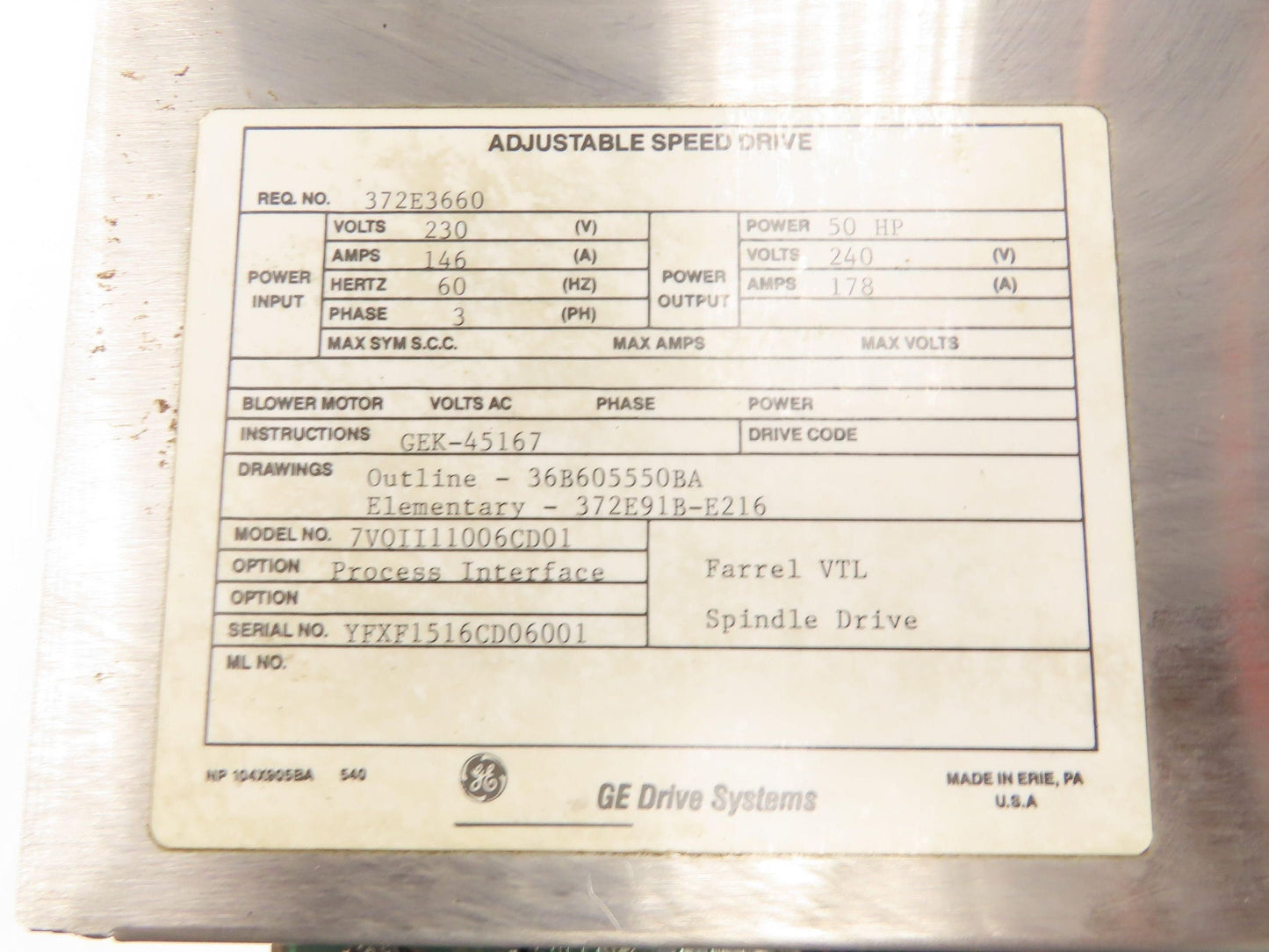 GE 372E3660 Farrel VTL Spindle DC Drive 50HP 240V 178A Adjustable Speed