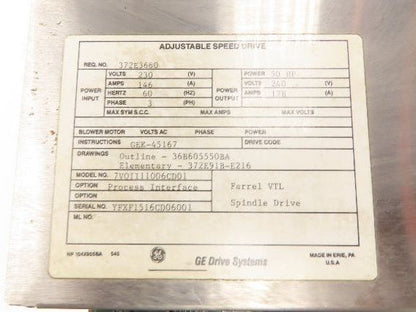 GE 372E3660 Farrel VTL Spindle DC Drive 50HP 240V 178A Adjustable Speed