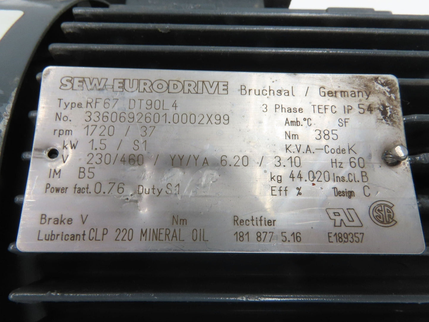 SEW Eurodrive RF67 DT90L4 Inline Gearmotor 1.5kW 230/460V 3PH 46.5 Reducer 37rpm