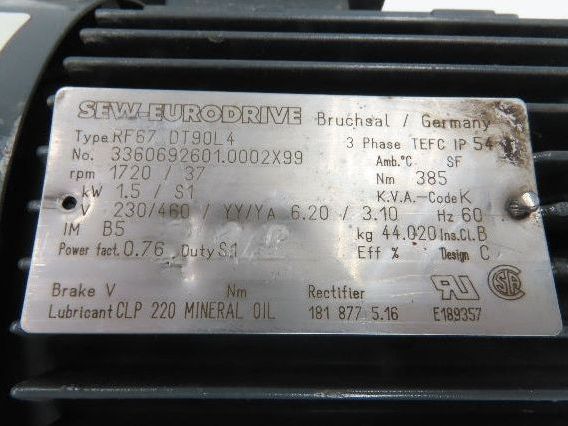 SEW Eurodrive RF67 DT90L4 Inline Gearmotor 1.5kW 230/460V 3PH 46.5 Reducer 37rpm