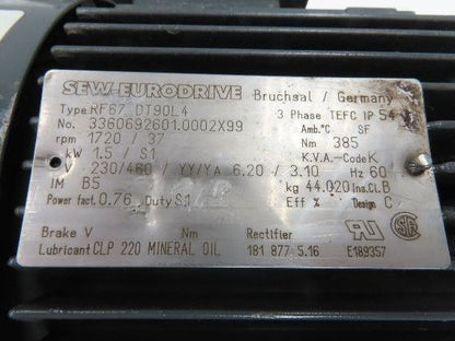 SEW Eurodrive RF67 DT90L4 Inline Gearmotor 1.5kW 230/460V 3PH 46.5 Reducer 37rpm