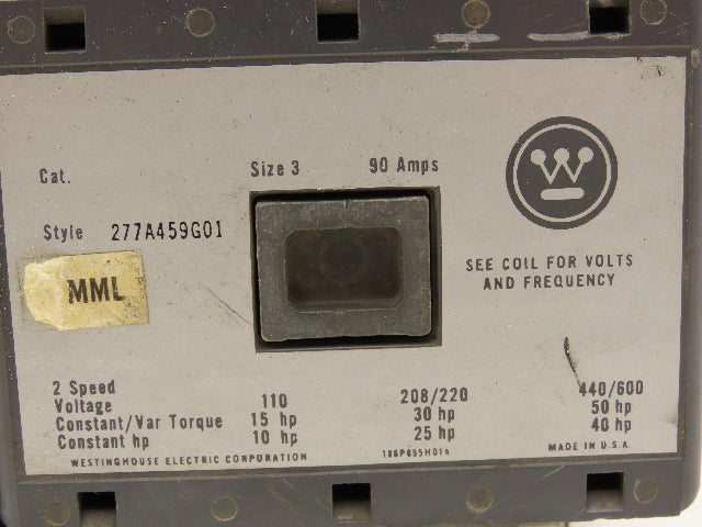 Westinghouse 277A459G01 Motor Starter 600V 90A 50 Hp 110V Coil 6 Pole 2 Speed