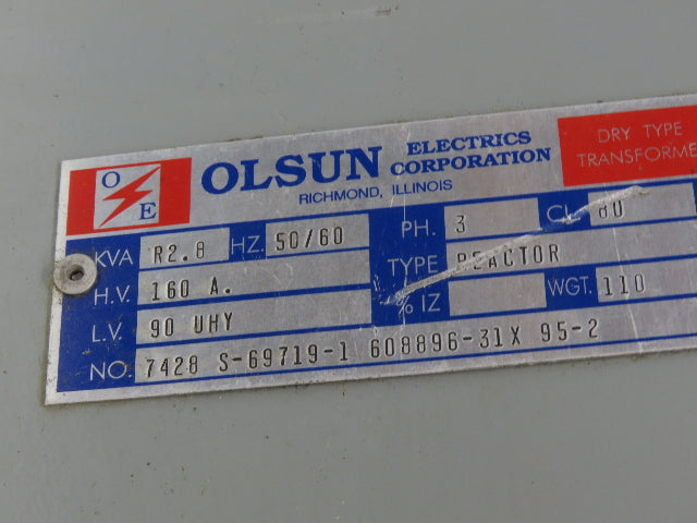 Olsun 742B S-69719-1 Dry Type Enclosed Reactor 2.8 KVAR 160A 90 UHY 50/60Hz 3PH