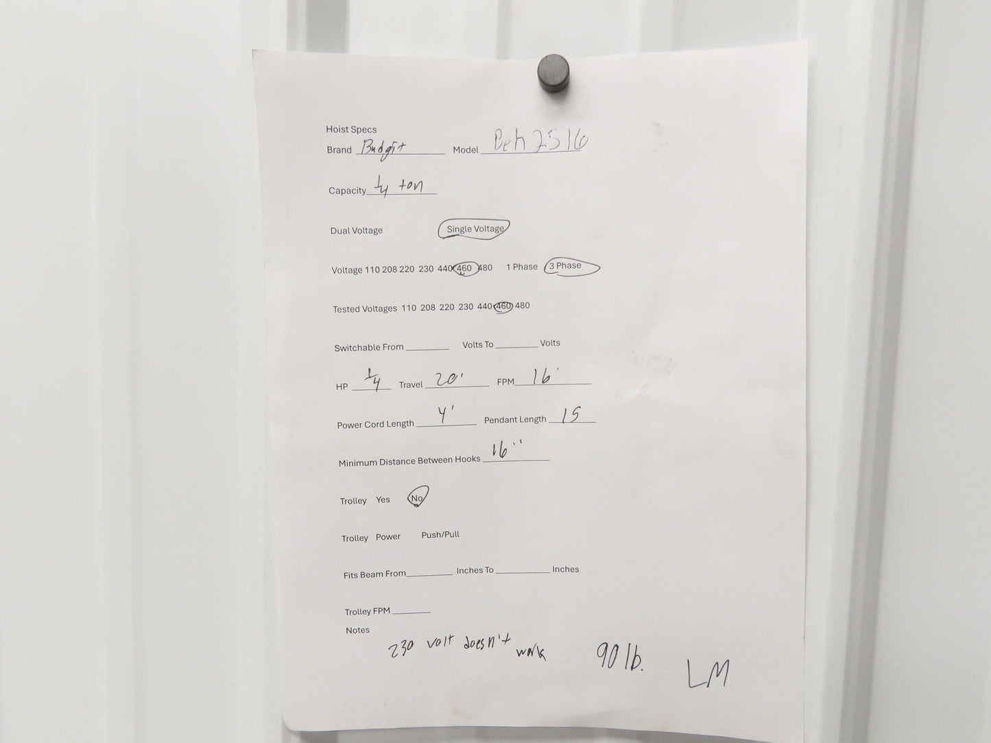 Budgit BEH2516 1/4 Ton Electric Chain Hoist 20' Lift 16 FPM 460 Volt 3PH Tested